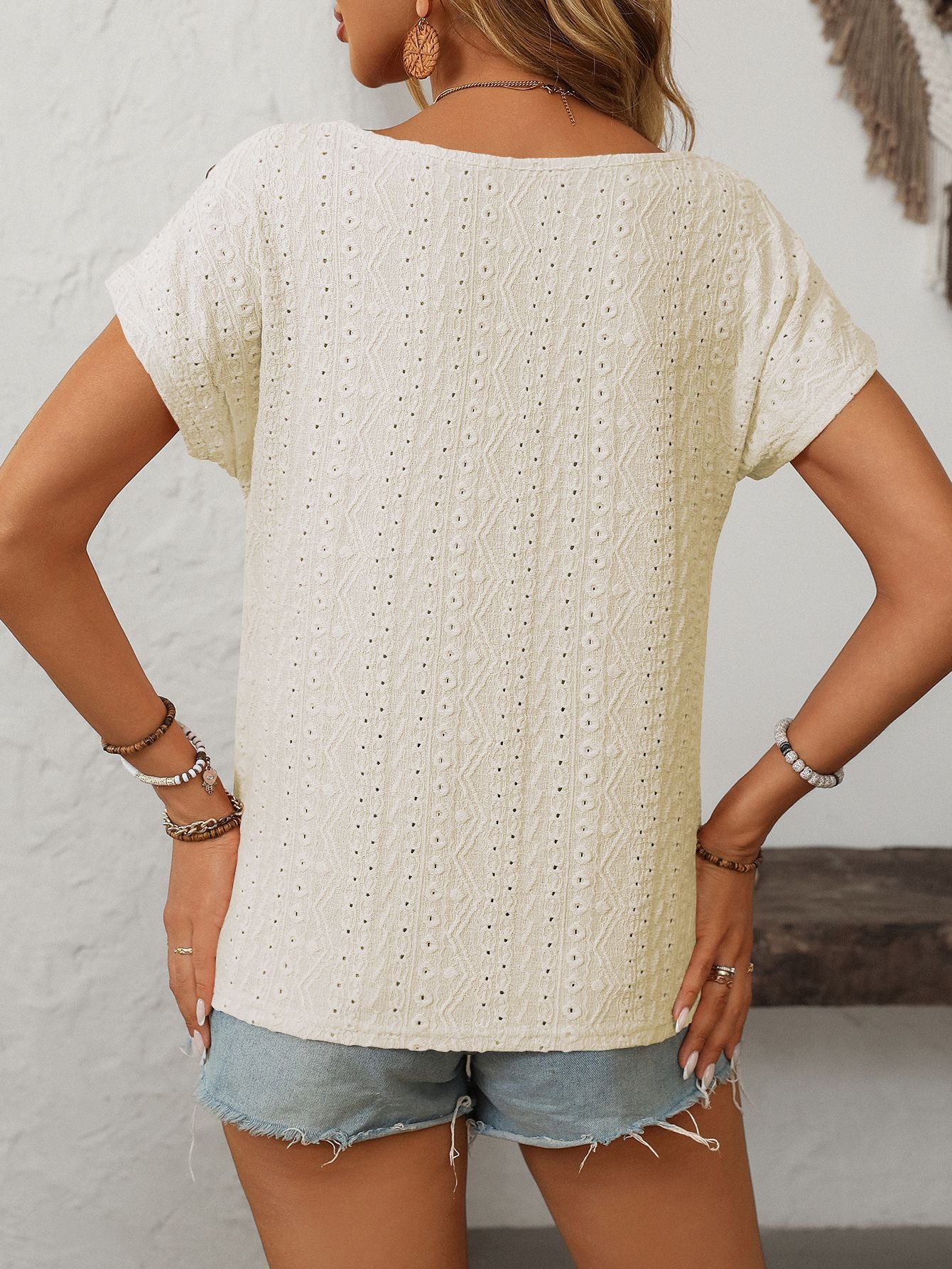 Women's Solid Color Crew Neck Button Short Sleeve T-Shirt Top