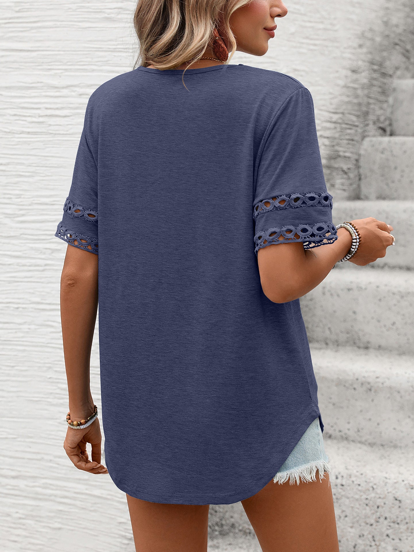 Women Solid Color V-Neck Lace Splicing Short Sleeve Loose T-Shirt Top