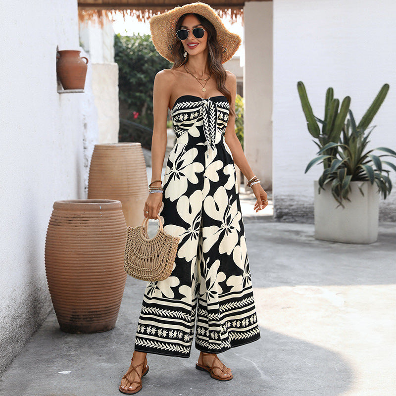 Women's Flower Print Lace-up Halter Jumpsuit