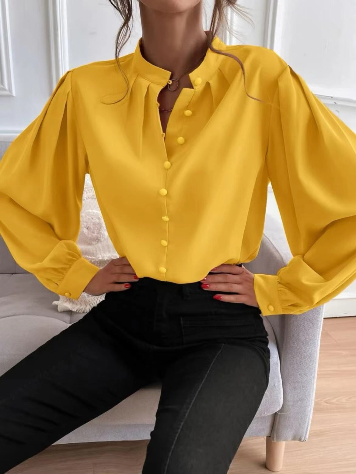 Solid color lapel long-sleeved button-up blouse shirt