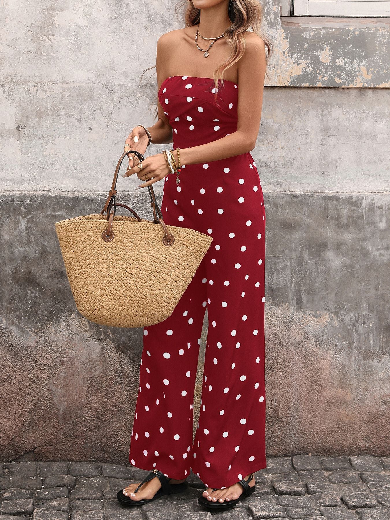 Vintage Polka Dot Tube High Waist Wide Leg Jumpsuit