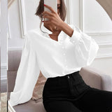 Solid color lapel long-sleeved button-up blouse shirt