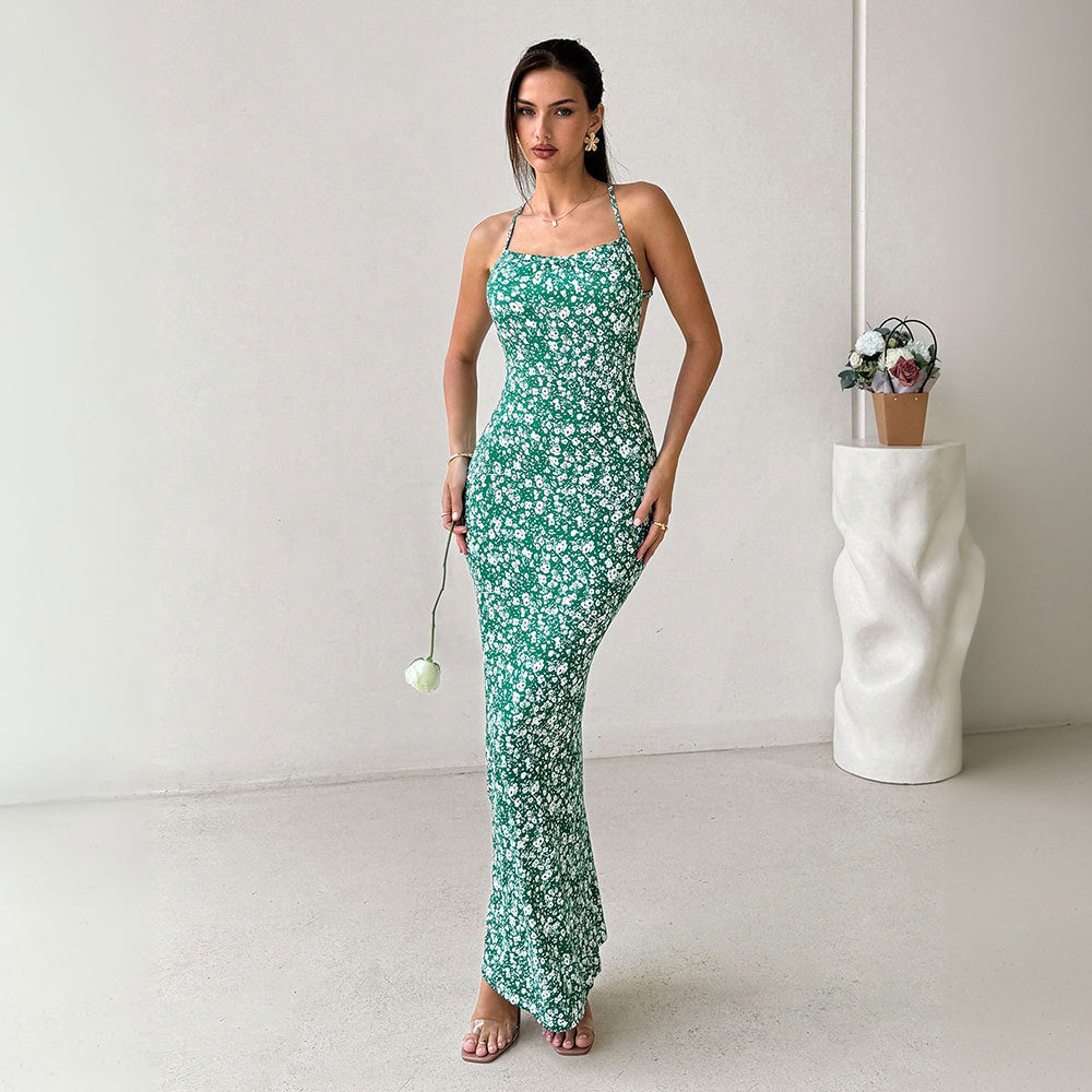 Womens Summer Backless Floral Holiday Dress
