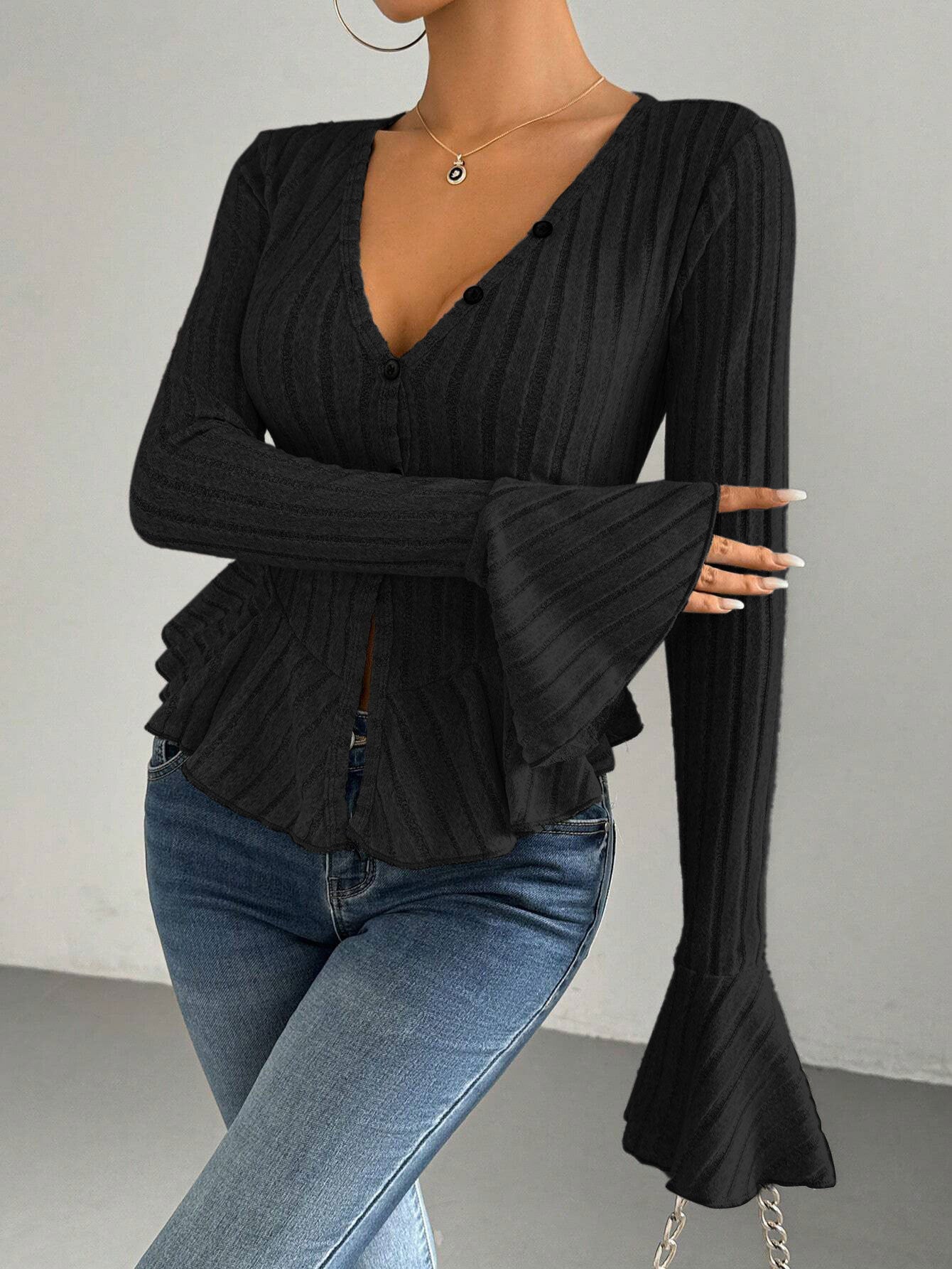 Women's V-neck Ruffled Slim-fit Knitted Top