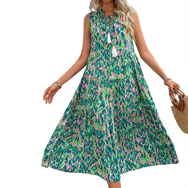 Sleeveless V-neck Fringed Print Dress for Women