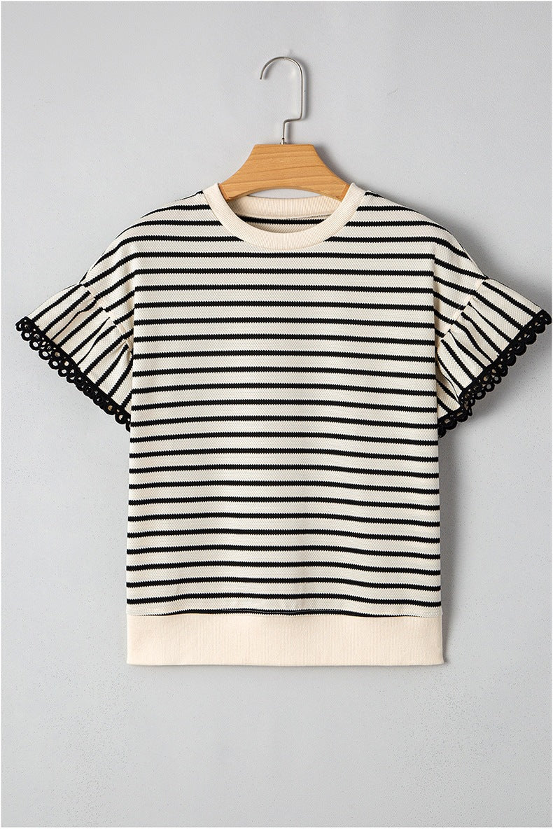Womens Short Sleeve T-Shirt Striped Crew Neck Pullover