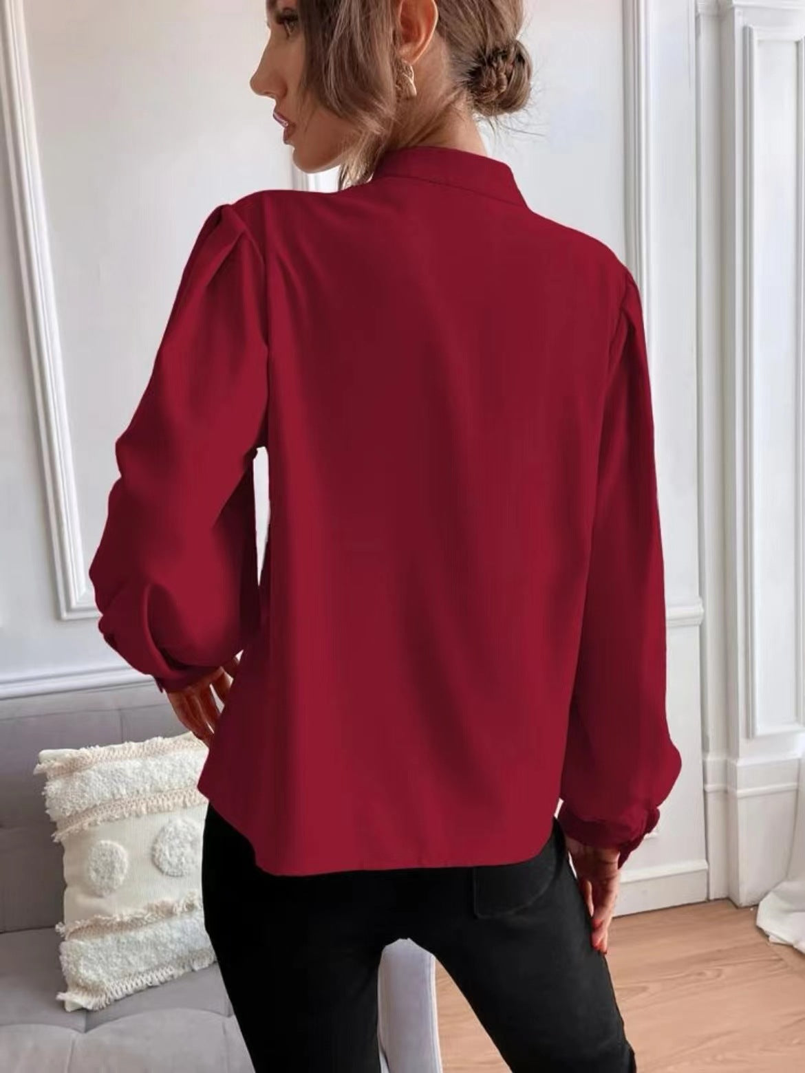 Solid color lapel long-sleeved button-up blouse shirt