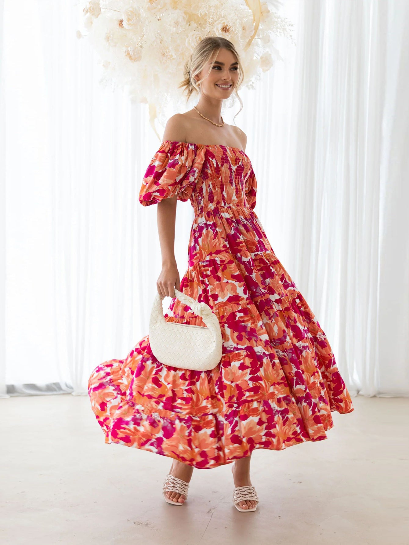 Offshoulder Printed Bubble Sleeve Dress for Women