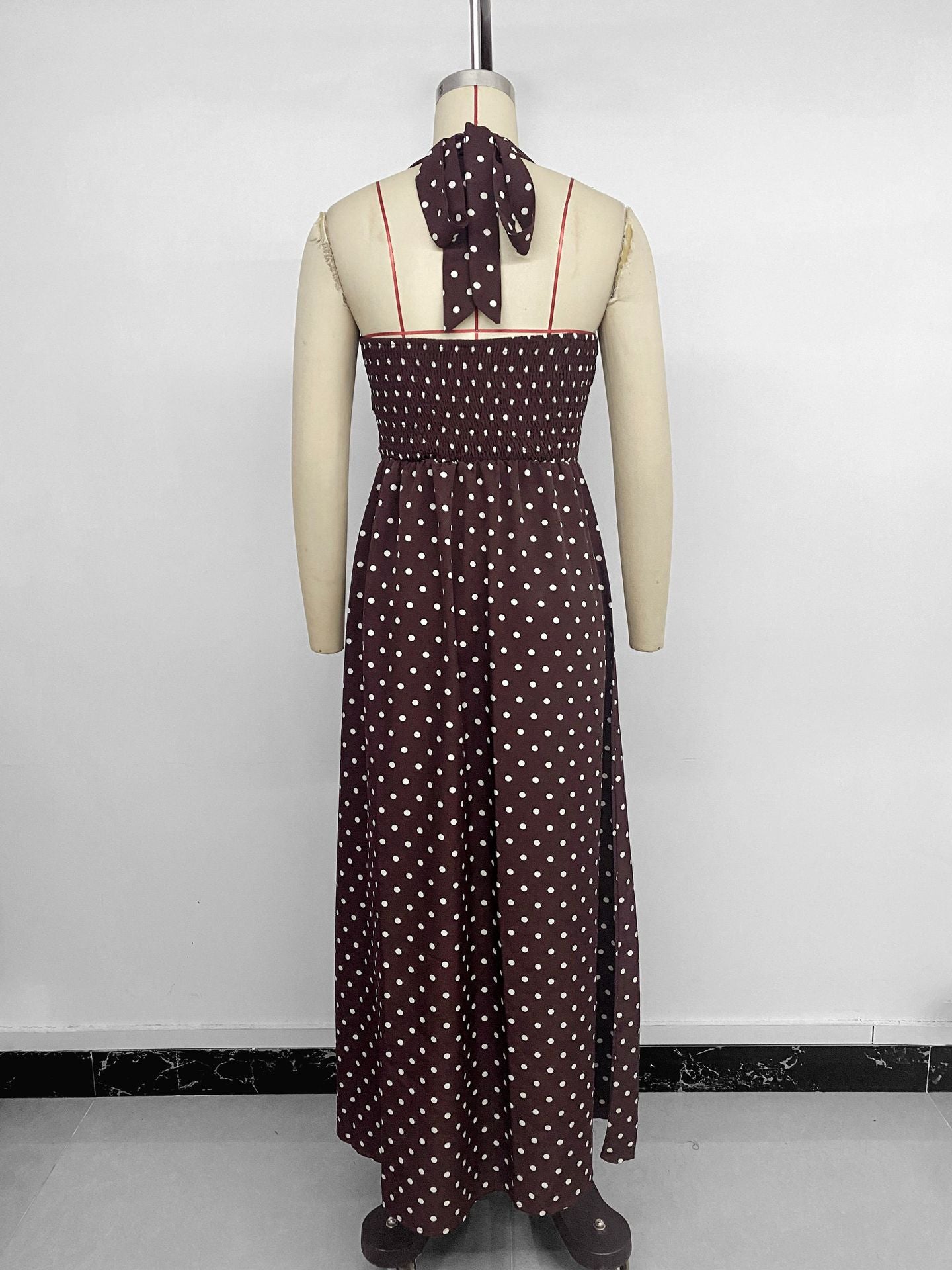 Vintage Neck Slim Fit Deep V-neck Suspender Polka Dot Dress