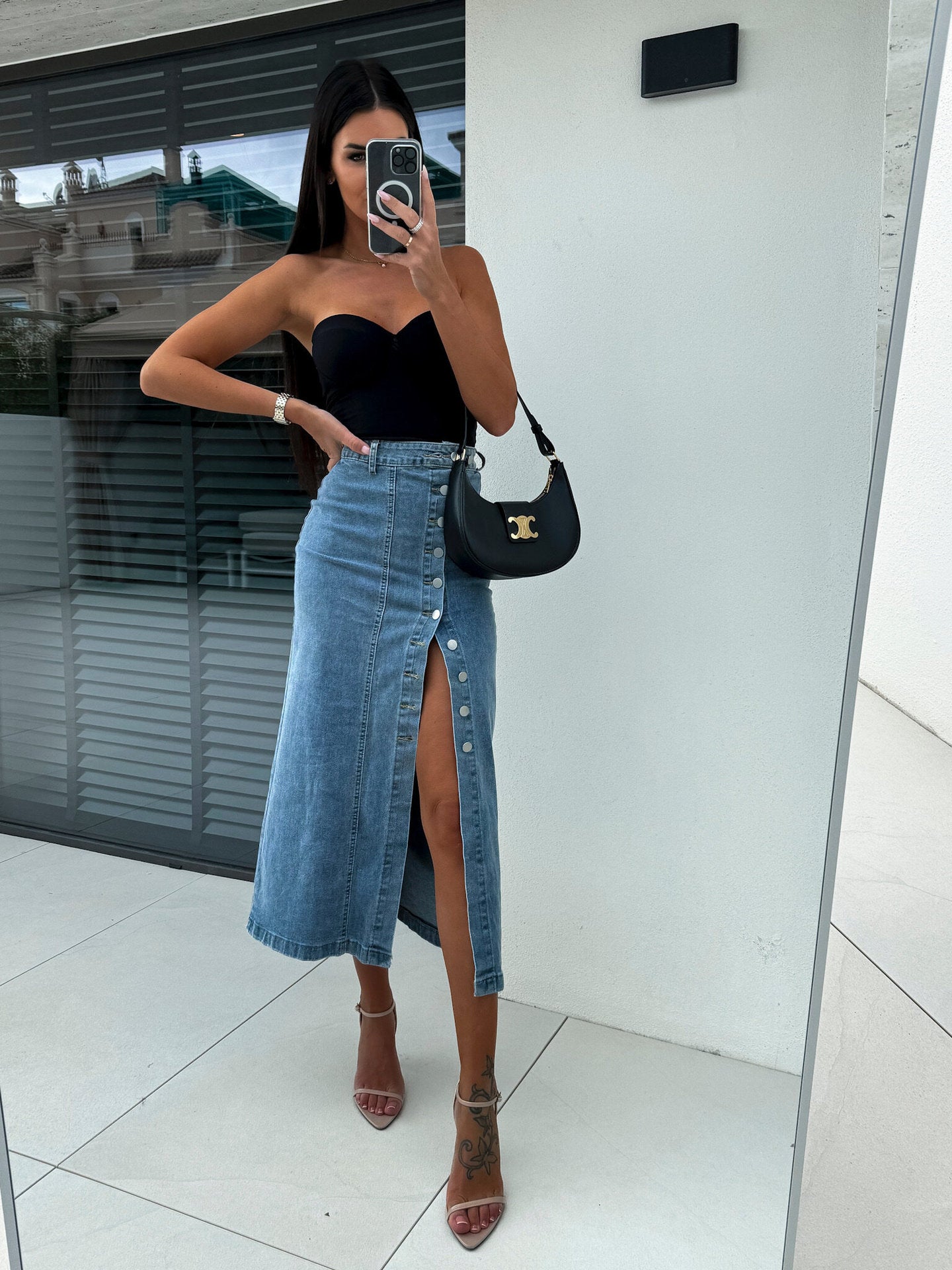 Women's Button Irregularly Split Denim Skirt