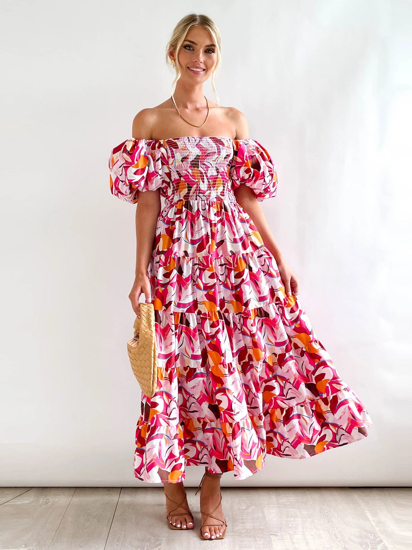 Offshoulder Printed Bubble Sleeve Dress for Women