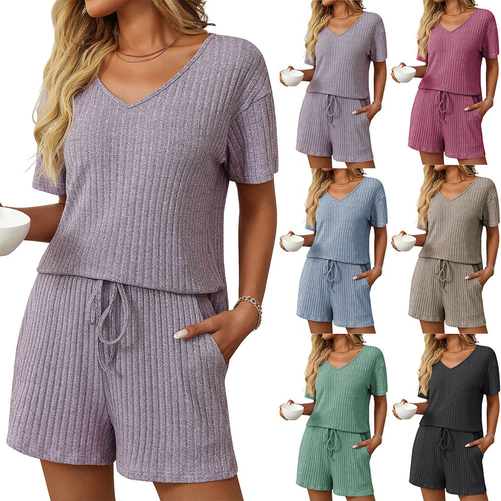 Solid Color Pit Strip Pajamas Short-sleeved Loungewear Set