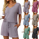 Solid Color Pit Strip Pajamas Short-sleeved Loungewear Set
