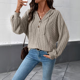 Women Casual Hooded Solid Color Knitted Sweater