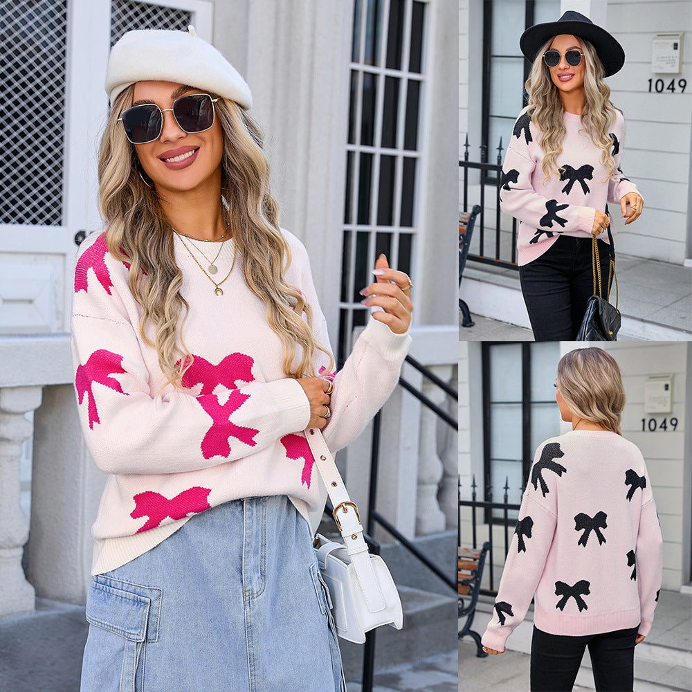 Women's Knitted Sweater Bow Pullover Long-sleeved Shirt