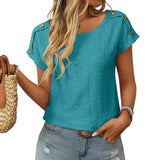 Women's Solid Color Crew Neck Button Short Sleeve T-Shirt Top