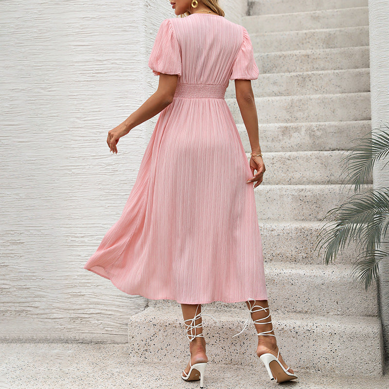 Women Mid-length Bubble Sleeve Pink Waist Dress