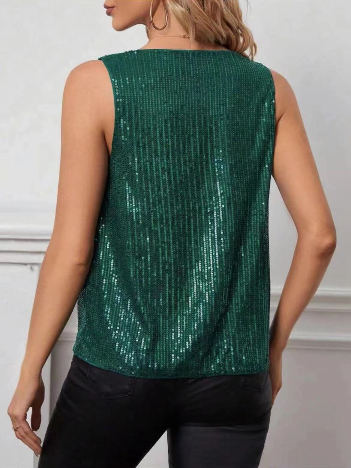 Sexy V-Neck Tubular Sequins Loose Pullover Women's Vest