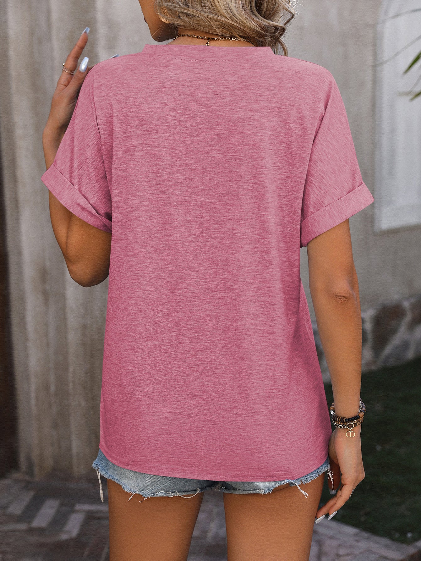 Summer V-neck Button Solid Color Cotton Loose Short-sleeved T-shirt Women