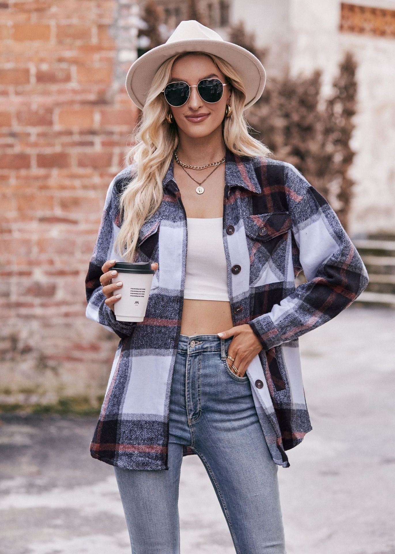 Women's Fall and Winter New Cross-border Women's Plaid Jacket Casual Loose Pocket Shirt