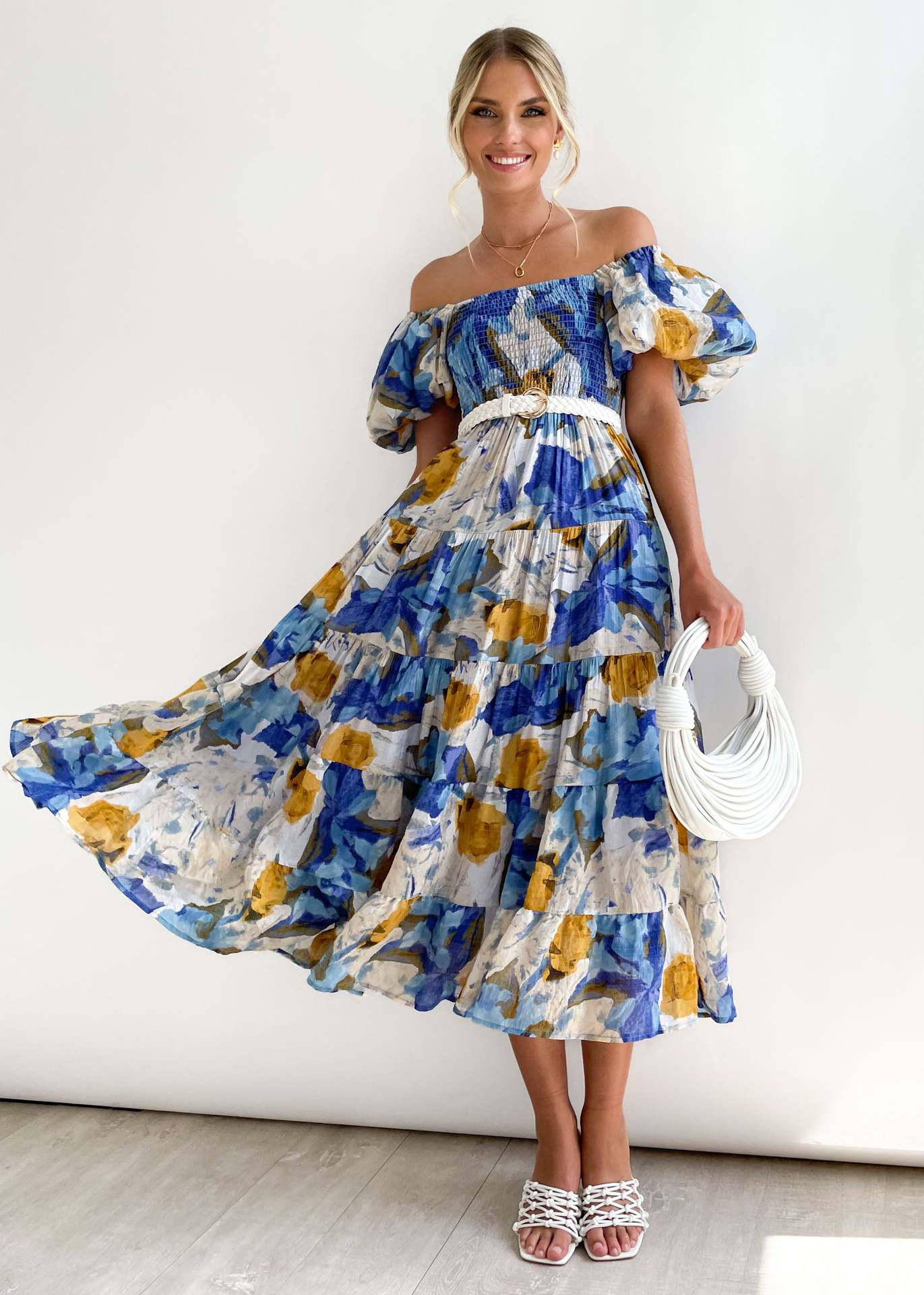 Women Bubble Sleeve Holiday Skinny Long Dress High Waist Shoulder Print Dress