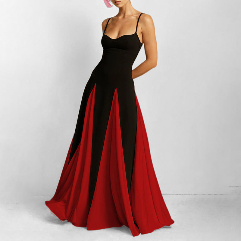 Women's Casual Contrasting Color Splicing Shoulder Strap Dress