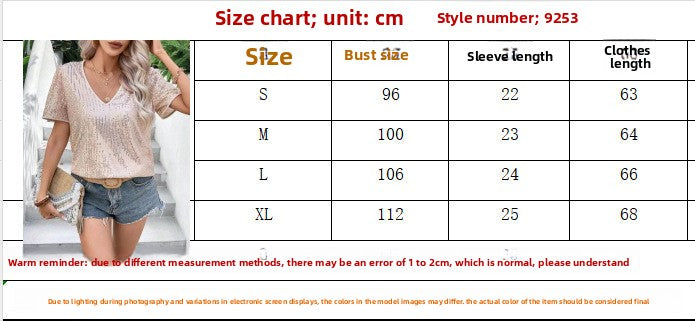 Sexy Solid Color Sequin V-neck Loose Short Sleeve Women's T-shirt