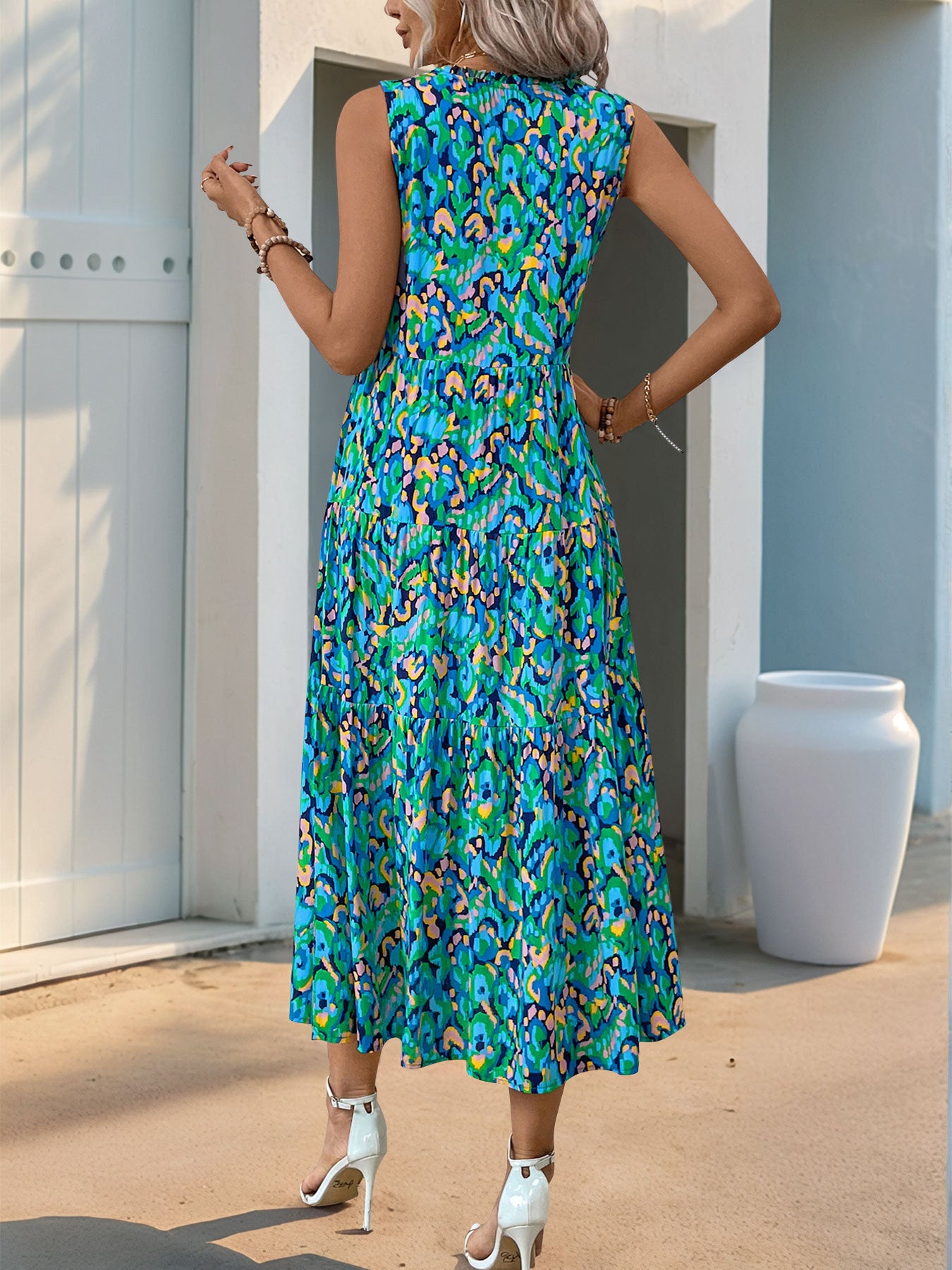 Sleeveless V-neck Fringed Print Dress for Women