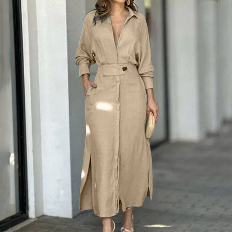 Elegant Solid Color Strap Waist Dress Long Dress