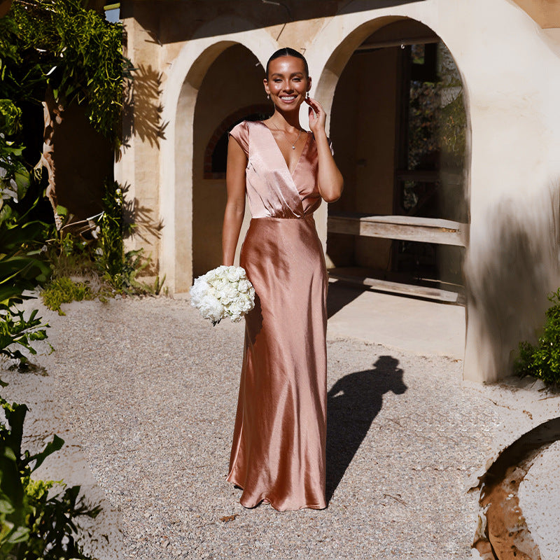 Women Satin Solid Color V-Neck Sexy Fishtail Dress Party Dress Long Dress