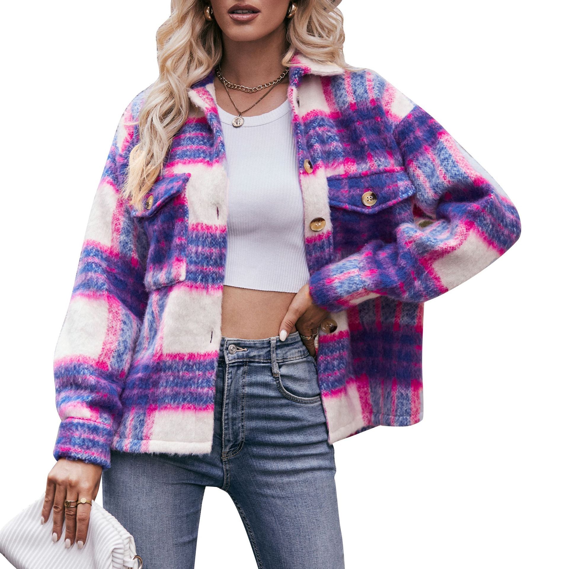 Women Plaid Short Jacket  with Pocket