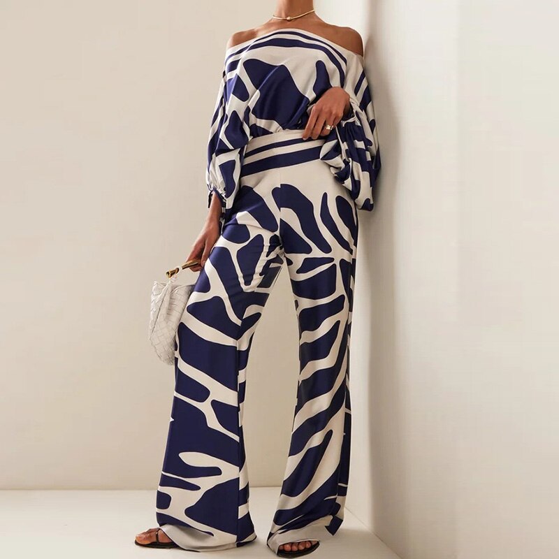 Elegant and Loose Bat Sleeve Print Fashion Set