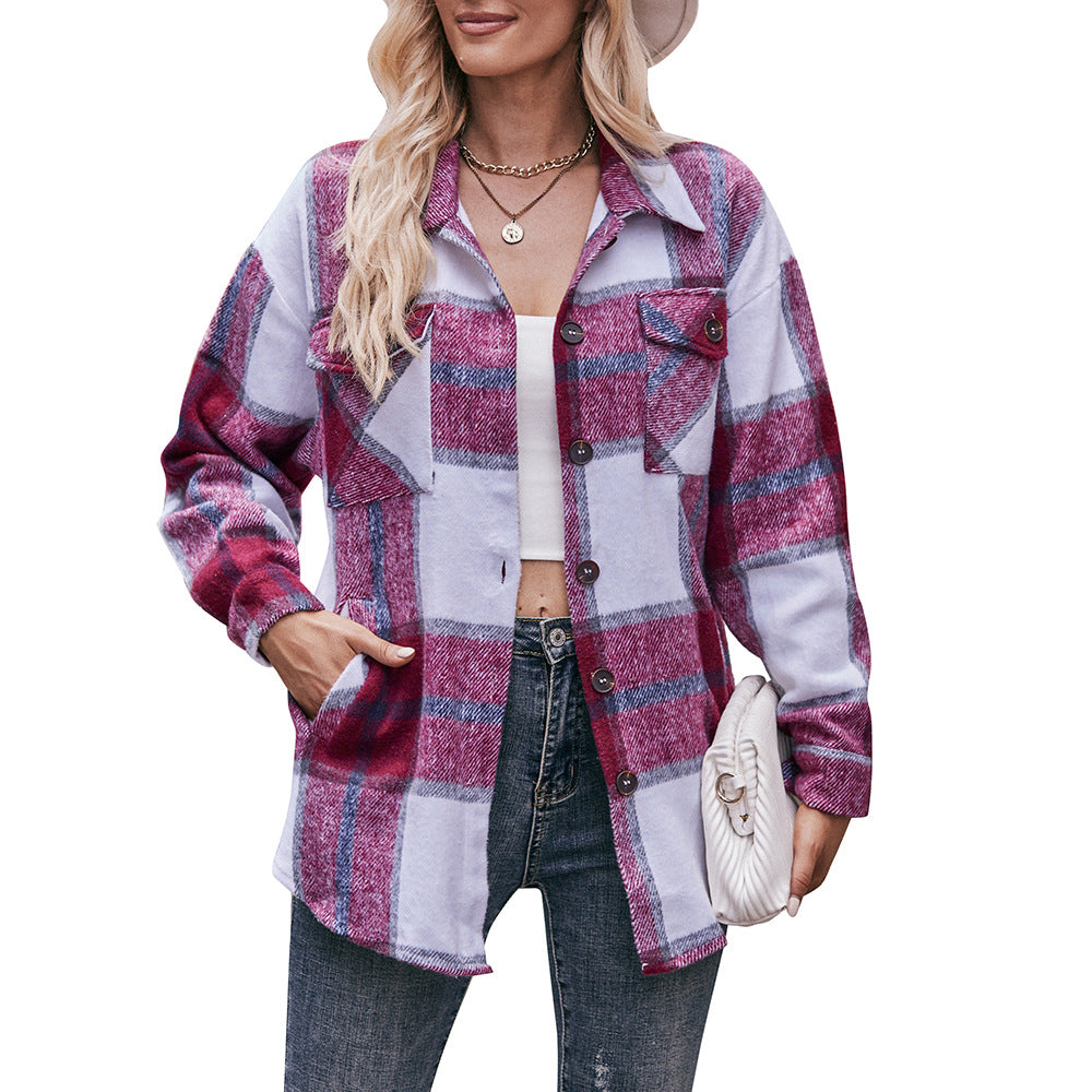 Women's Fall and Winter New Cross-border Women's Plaid Jacket Casual Loose Pocket Shirt