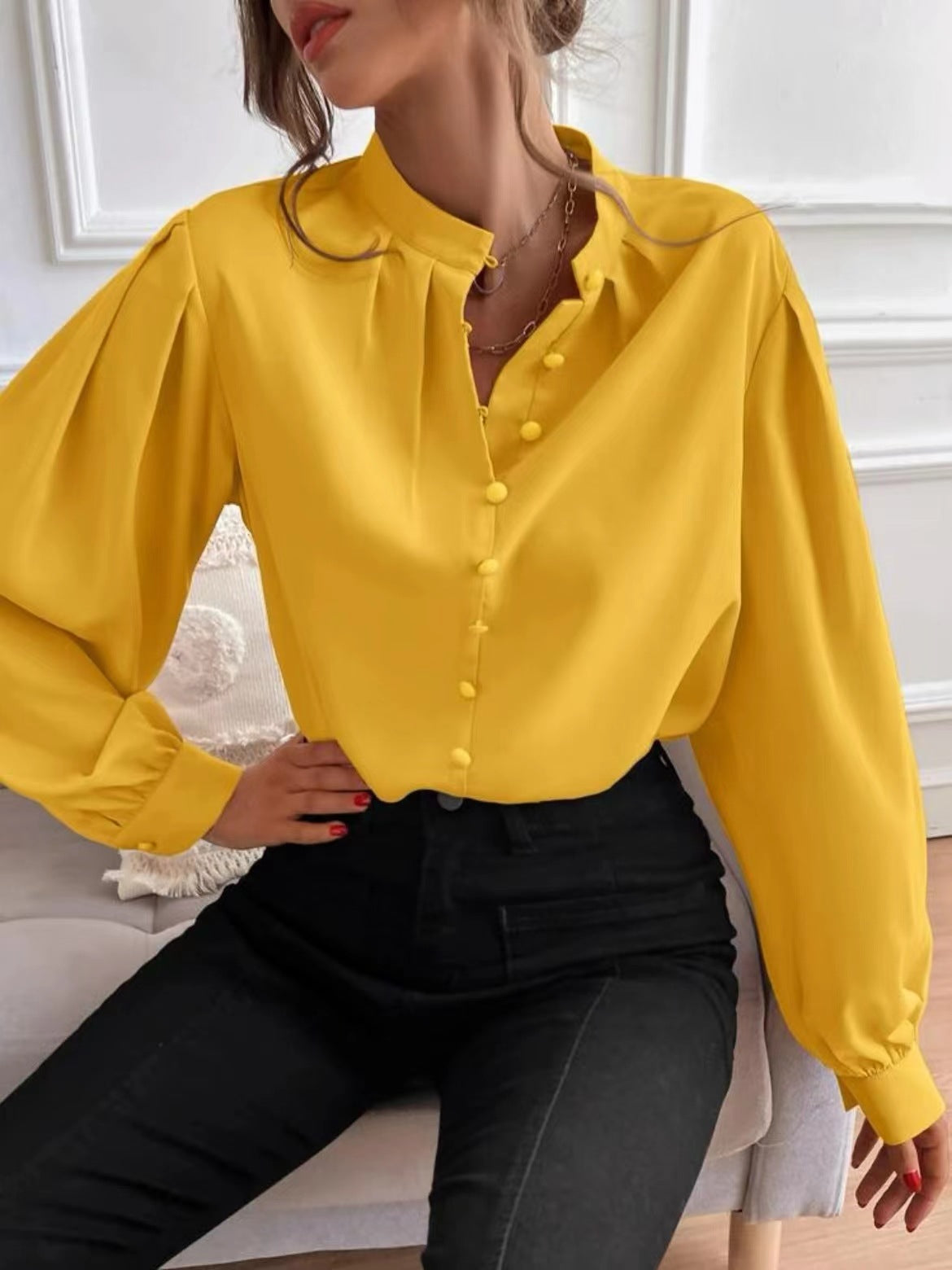 Solid color lapel long-sleeved button-up blouse shirt