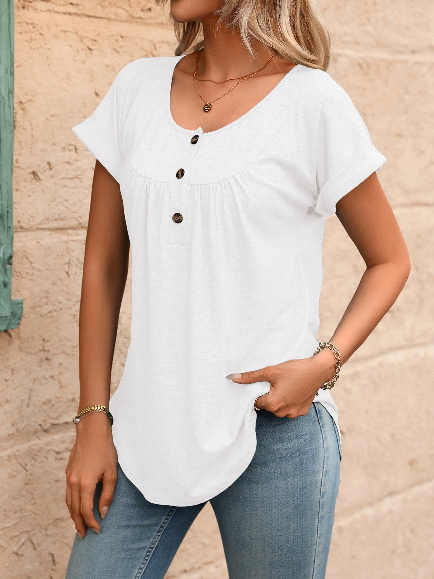 Women Solid Color Crew Neck Button Short Sleeve T-Shirt