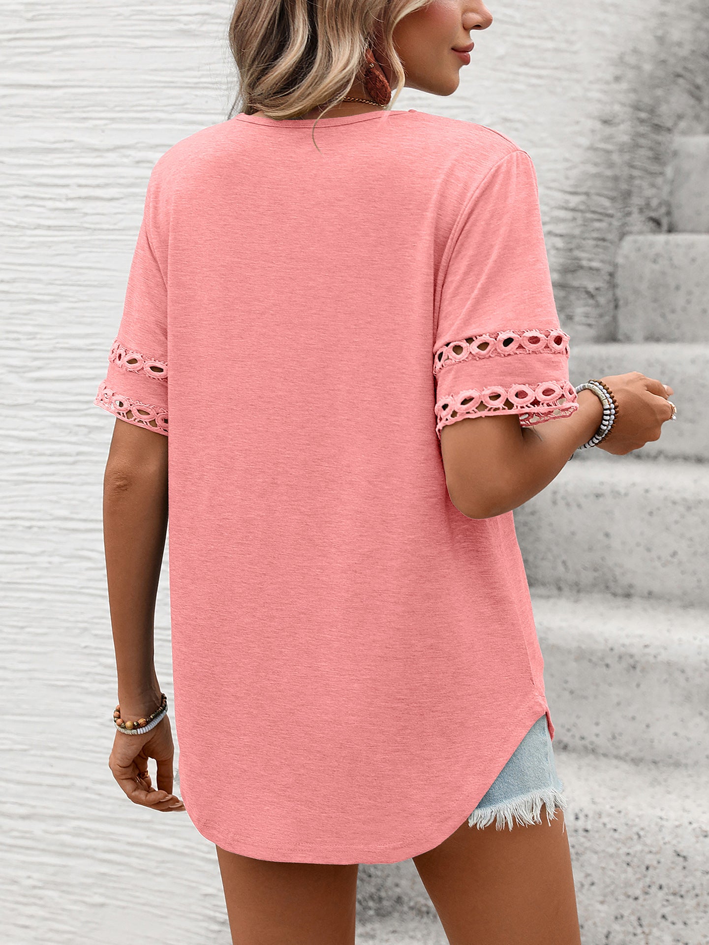 Women Solid Color V-Neck Lace Splicing Short Sleeve Loose T-Shirt Top