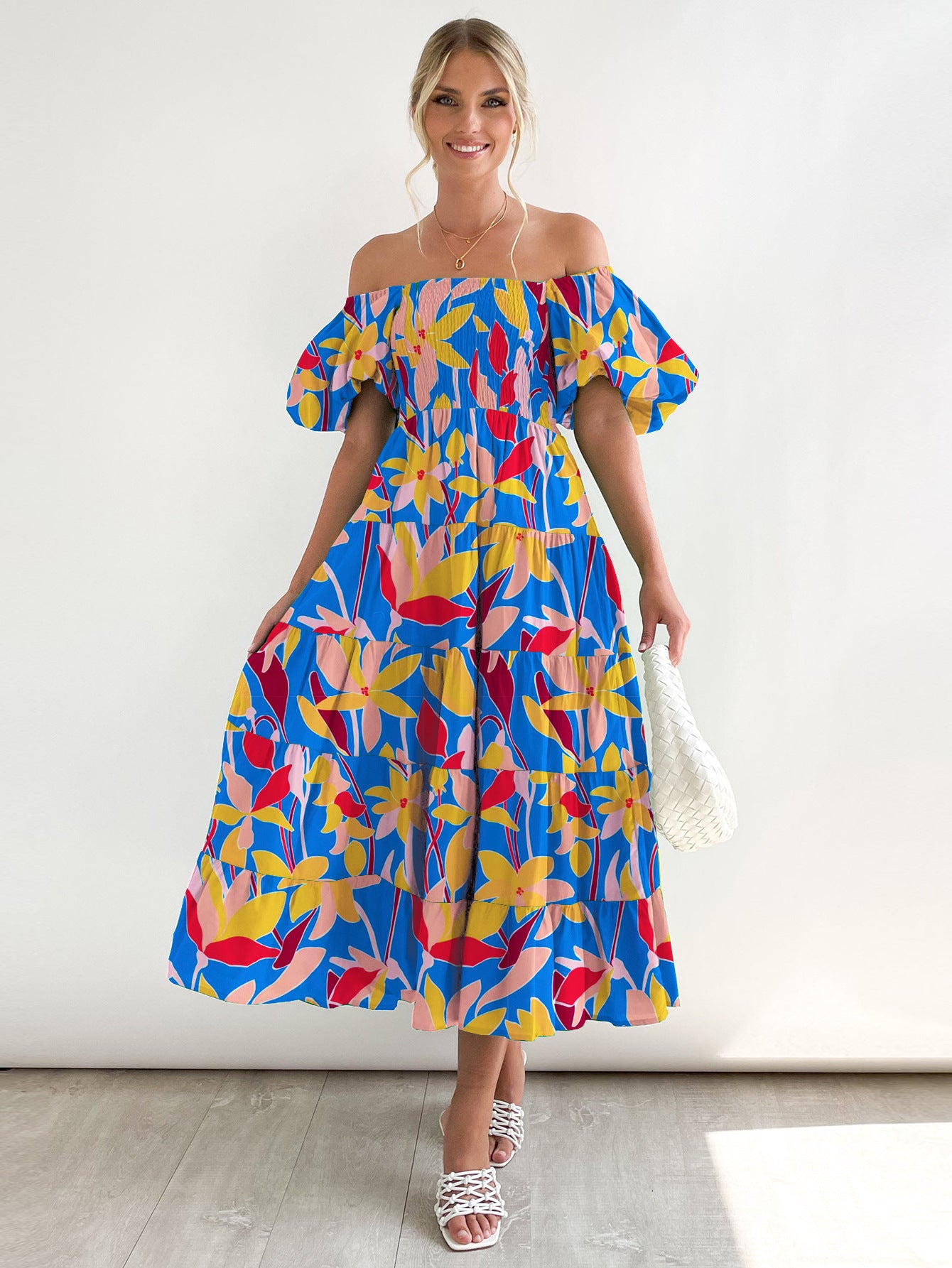 Women Bubble Sleeve Holiday Skinny Long Dress High Waist Shoulder Print Dress
