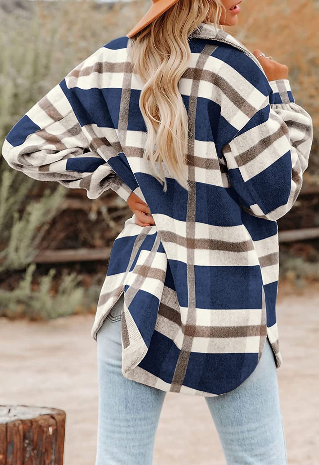 Women Oversize Loose Plaid Jacket with Pocket