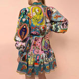 Vintage Elegant Collar Print Strap-on Dress Short