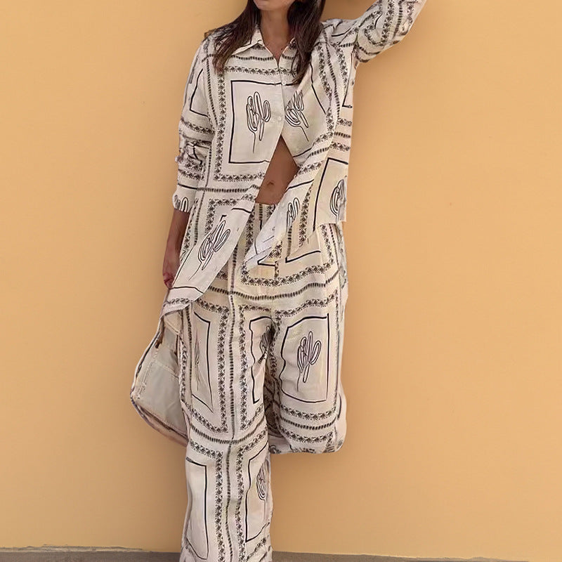 Women's Casual Printed Shirt Trousers Fashion Set