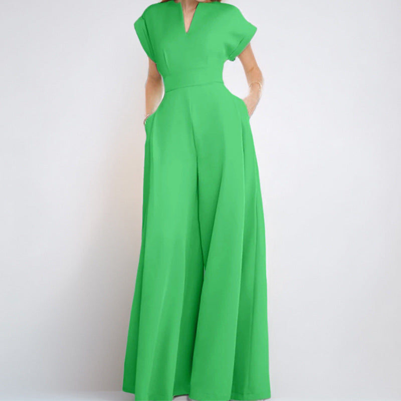 Women's Fashion V-neck Solid Color Slim-fit Wide-leg Jumpsuit
