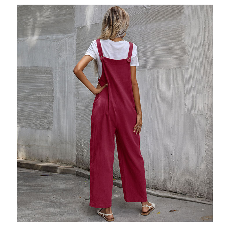 Casual Cotton and Linen Pocket Solid Color Sleeveless Jumpsuit