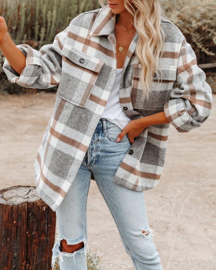 Women Oversize Loose Plaid Jacket with Pocket