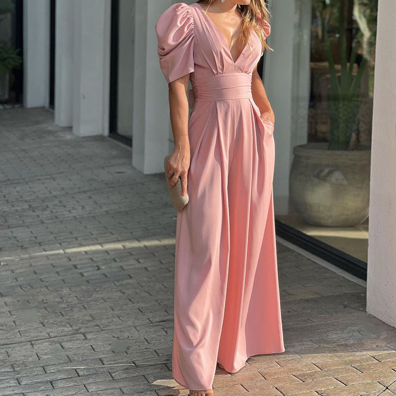 Women's Solid Color Slim-Fit Short Sleeve Wide Leg Jumpsuit