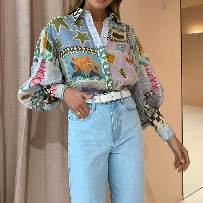 Casual Lapel Print Button-down Women's Blouse