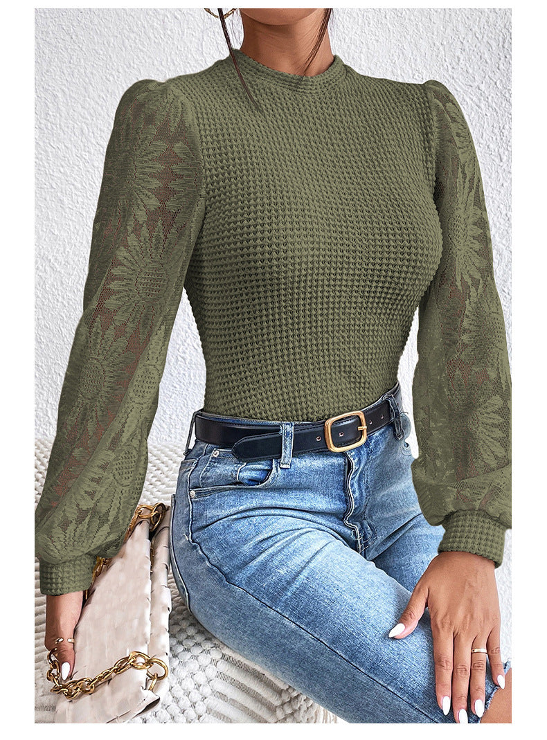 Womens Casual Crochet Top Mesh Lace Long Sleeve Shirts
