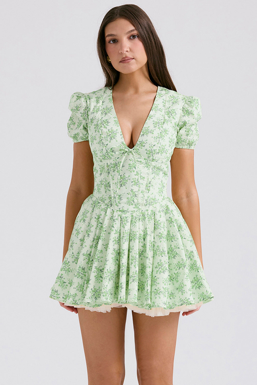 Women's Floral Bubble Sleeve Dress Summer A-line Dress