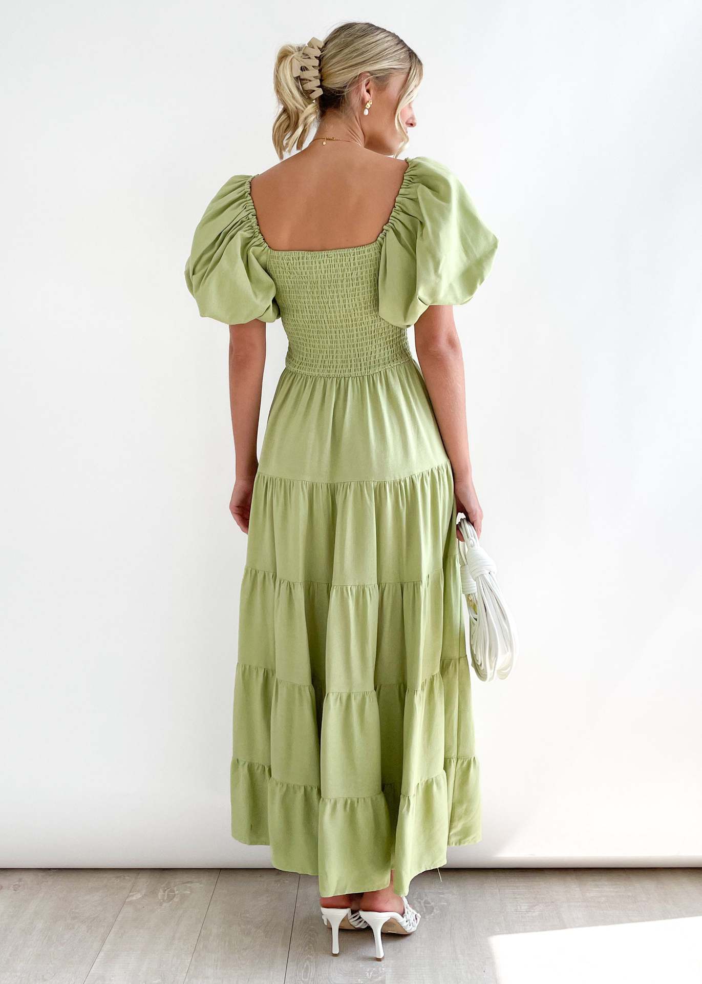 Women Bubble Sleeve Holiday Skinny Long Dress High Waist Shoulder Print Dress
