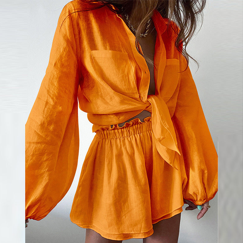 Women's Casual Solid Color Ruffle Shirt Shorts Set