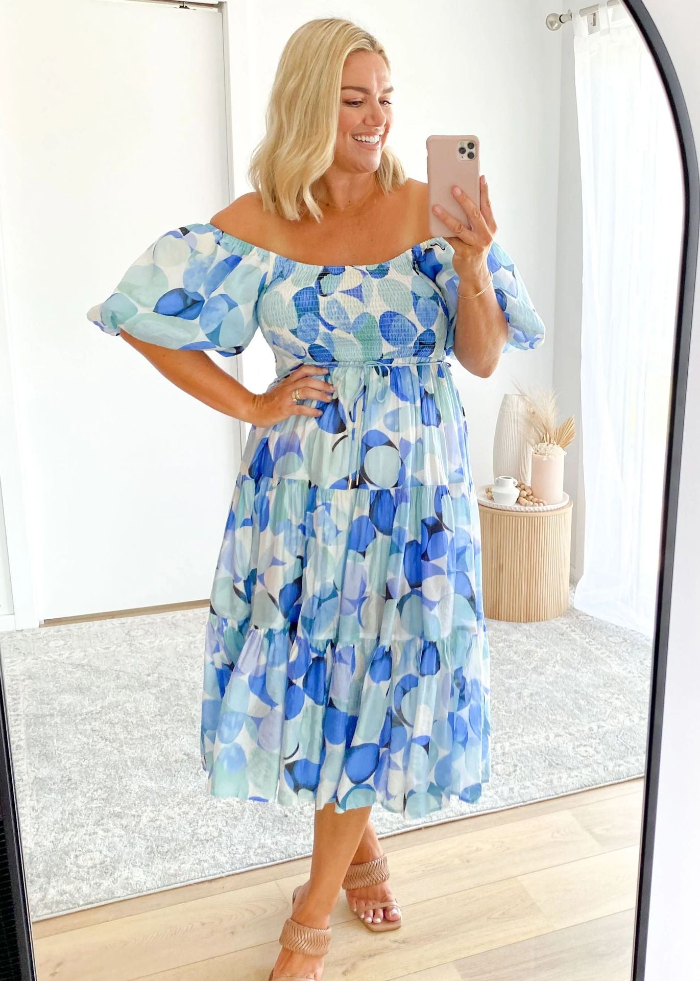 Women Bubble Sleeve Holiday Skinny Long Dress High Waist Shoulder Print Dress